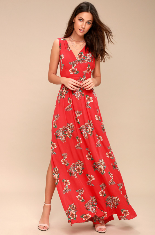 AFTERNOON TEA CORAL RED FLORAL PRINT TIE-BACK MAXI DRESS