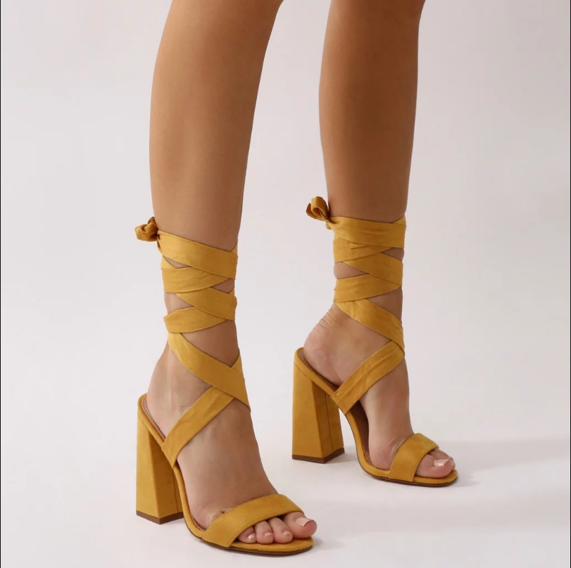 HONESTY LACE UP FLARED BLOCK HEELS IN MUSTARD FAUX SUEDE
