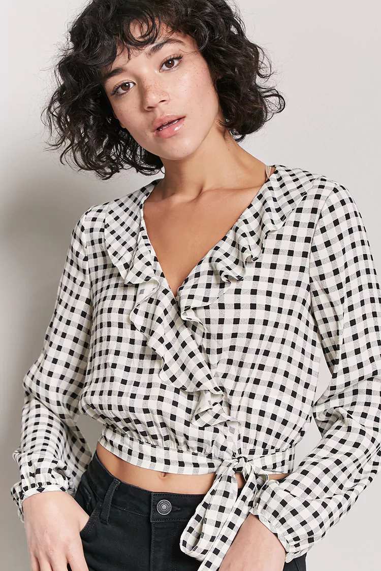 Ruffle Gingham Wrap-Front Crop Top