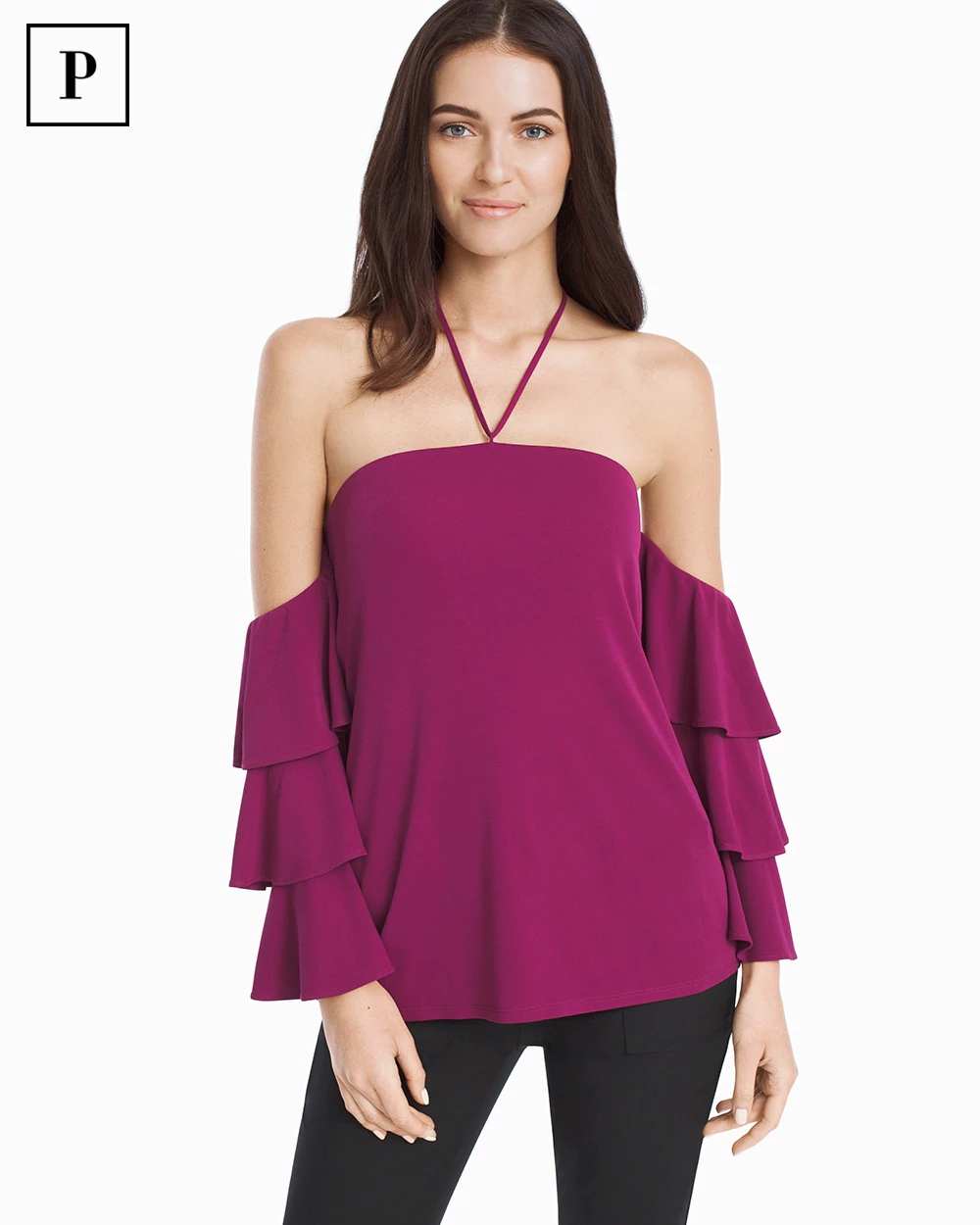 PETITE OFF-THE-SHOULDER 3/4-SLEEVE TIERED TOP