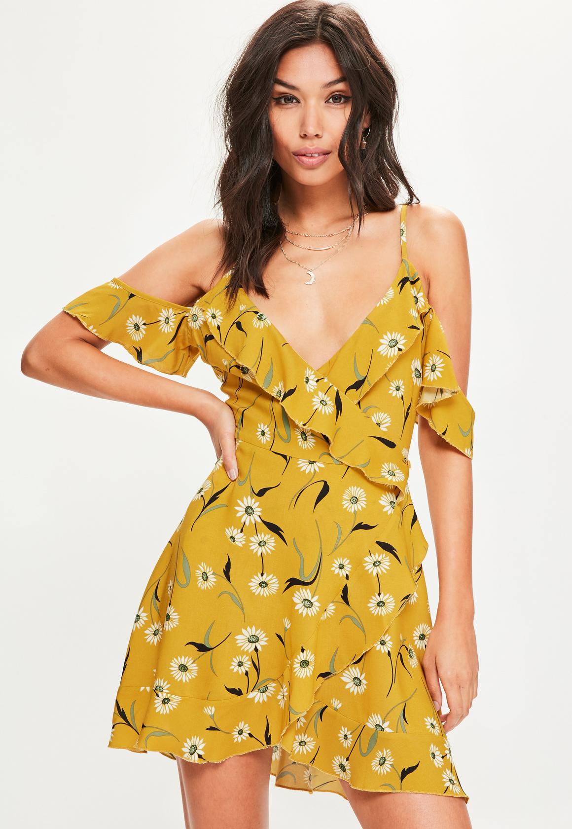 yellow floral print cold shoulder tea dress
