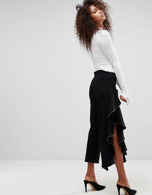 ASOS STRAIGHT Leg Jean With Cascading Ruffle Side In Clean Black