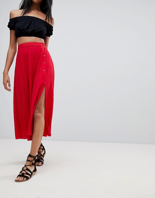 ASOS DESIGN crinkle midi skirt with buttons and double split