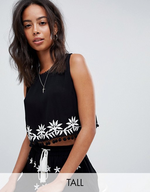 Glamorous Tall Embroidered Crop Top With Pom Pom Trim Two-Piece
