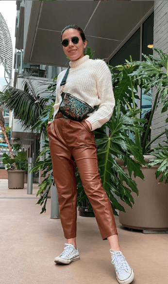 Leather brown pants & white top