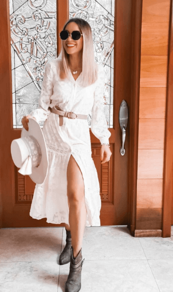 Cynthia in long white dress